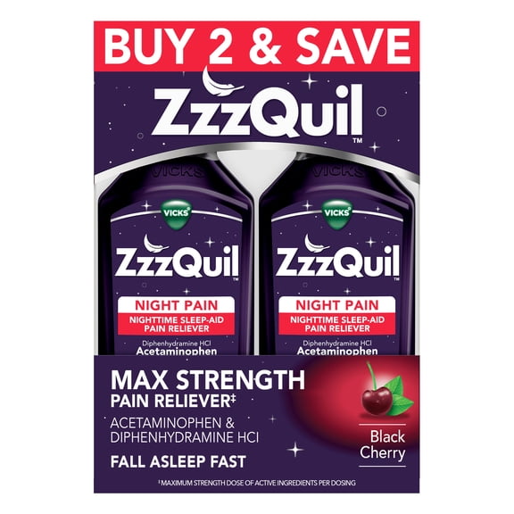 ZzzQuil Liquid Pain Reliever, Sleep Aid, Black Cherry Flavored, 2 Pack, 24 fl oz