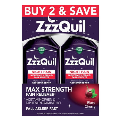 ZzzQuil Liquid Pain Reliever, Sleep Aid, Black Cherry Flavored, 2 Pack, 24 fl oz