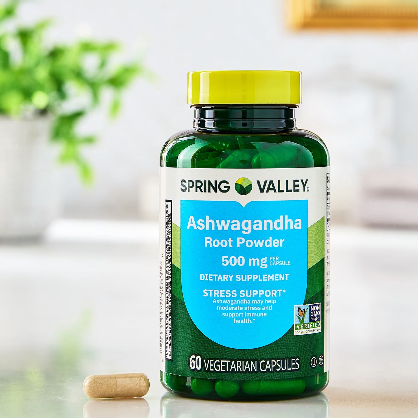 Spring Valley Ashwagandha Root Powder General Wellness Dietary Supplement Vegetarian Capsules, 500 mg, 60 Count