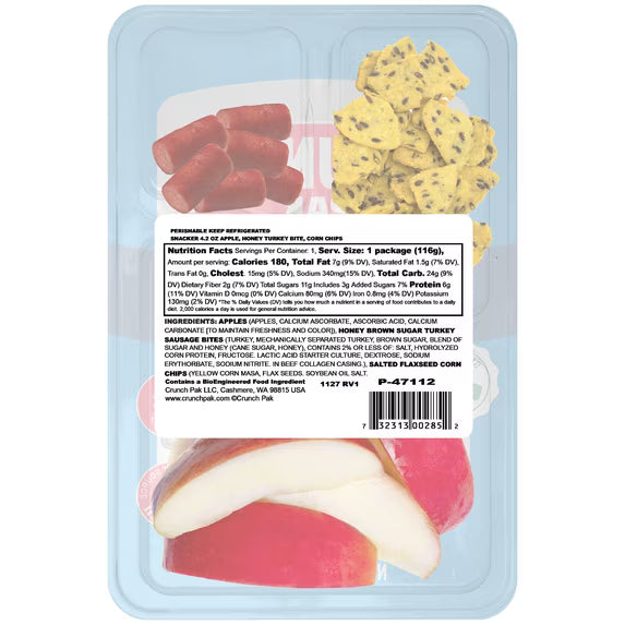 Crunch Pak Snack Pak Fresh Apple Slices, Salted Flaxseed Corn Chips & Honey Brown Turkey Sausage, 4.2oz Tray