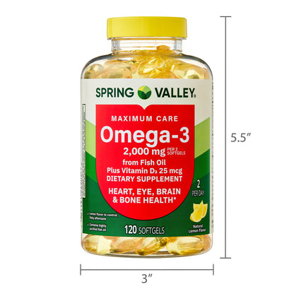 Spring Valley Maximum Care Omega-3 from Fish Oil Dietary Supplement Softgels for Eye Brain Bone & Heart Health, 2000 mg, 120 Count
