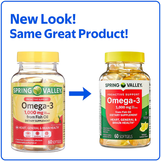 (3 pack) Spring Valley Proactive Support Omega-3 Fish Oil Dietary Supplement Softgels for Heart/General/Brain Health, 1000 mg, 60 Count