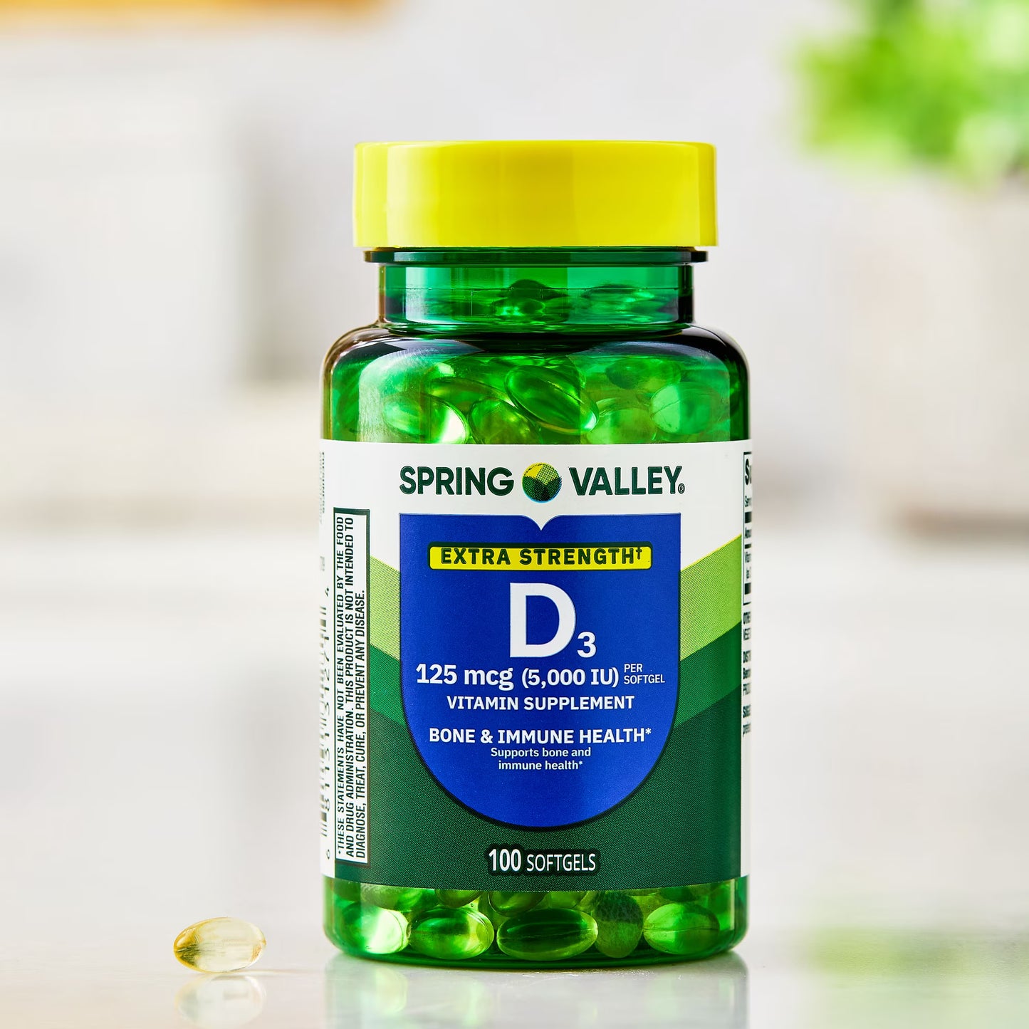 (3 pack) Spring Valley Extra Strength Vitamin D3 Softgels, 125 mcg (5000 IU), 100 Count, Supplement for Bone and Immune Health