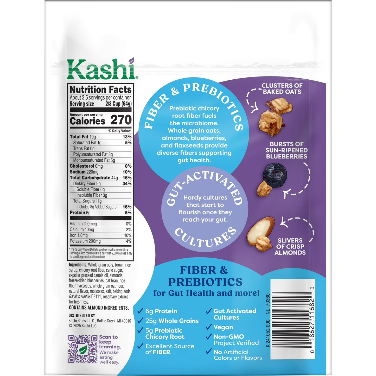 Kashi Gut Health Blueberry Almond Granola, Prebiotics and High Fiber Bag, 8 oz