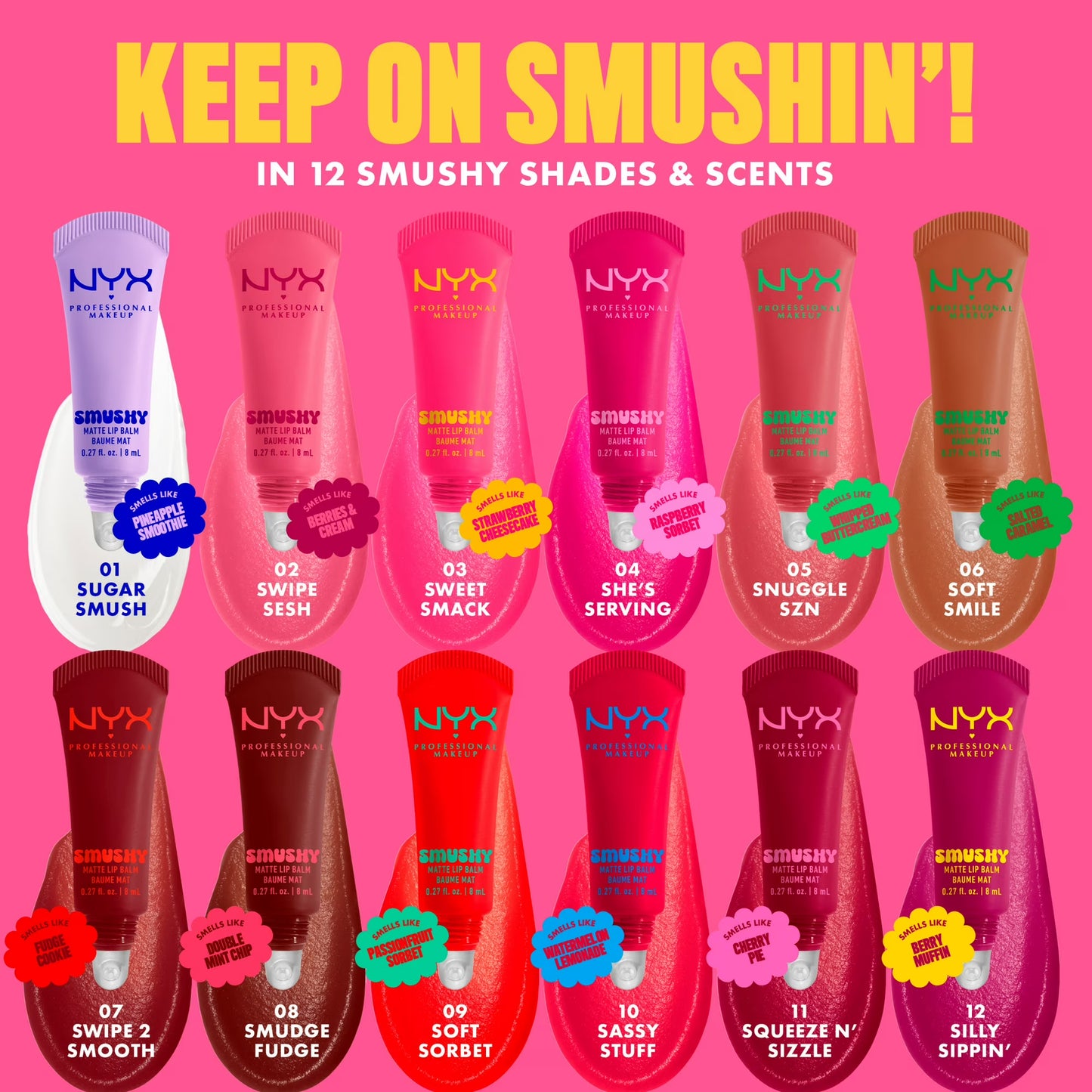 NYX Professional Makeup Smushy Matte Lip Balm, She's Serving, Fuchsia, 0.27 fl oz