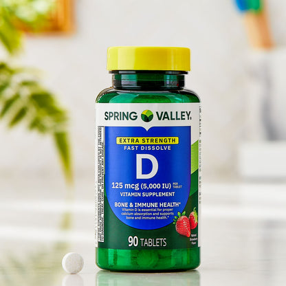 Spring Valley Extra Strength Vitamin D3, 125 mcg (5,000 IU), 90 Count, Strawberry Flavor, Dietary Supplement Fast Dissolve Tablets