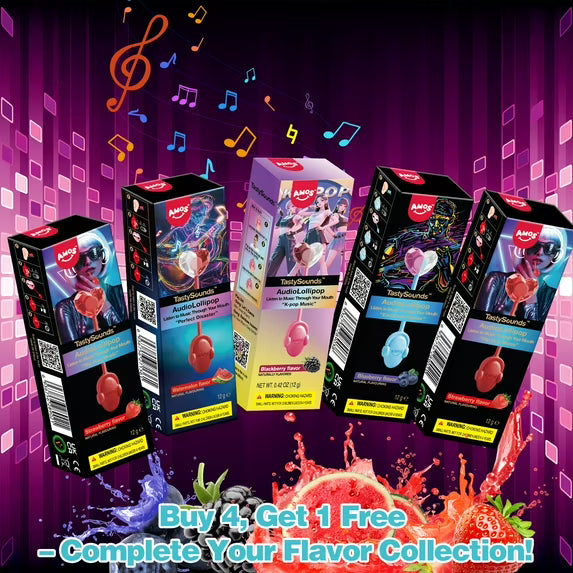AMOS Tasty Sounds Music Lollipop Candy, Singing Music Lollipop Sugar Free, 2 Strawberry & Blueberry & Blackberry & Watermelon Natural Flavor (Pack of 5)