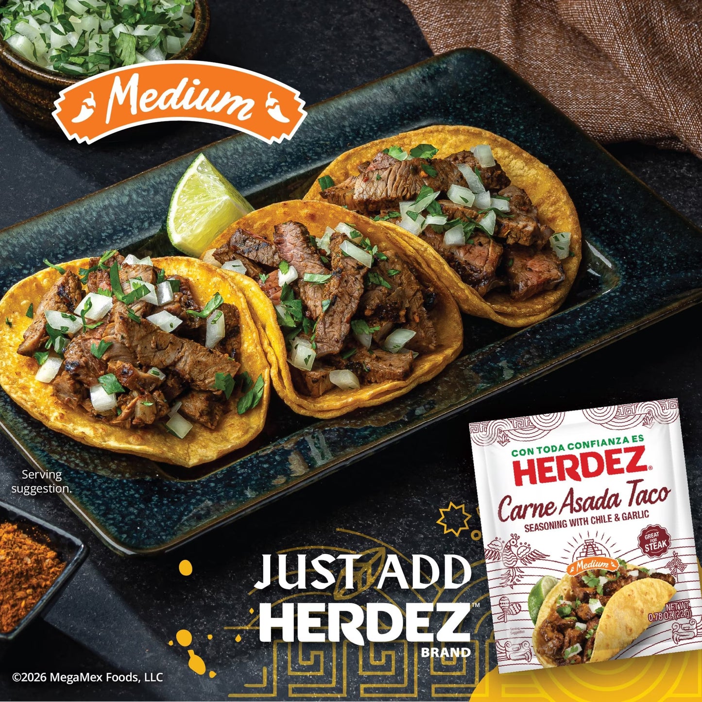 HERDEZ Carne Asado Taco Seasoning Medium, Taco Seasoning with Chile & Garlic, 0.78oz Packet