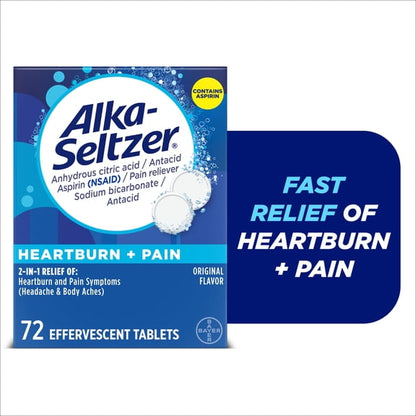 Alka-Seltzer Heartburn Relief and Pain Relief, Aspirin + Antacid Effervescent Tablets, 72 Count