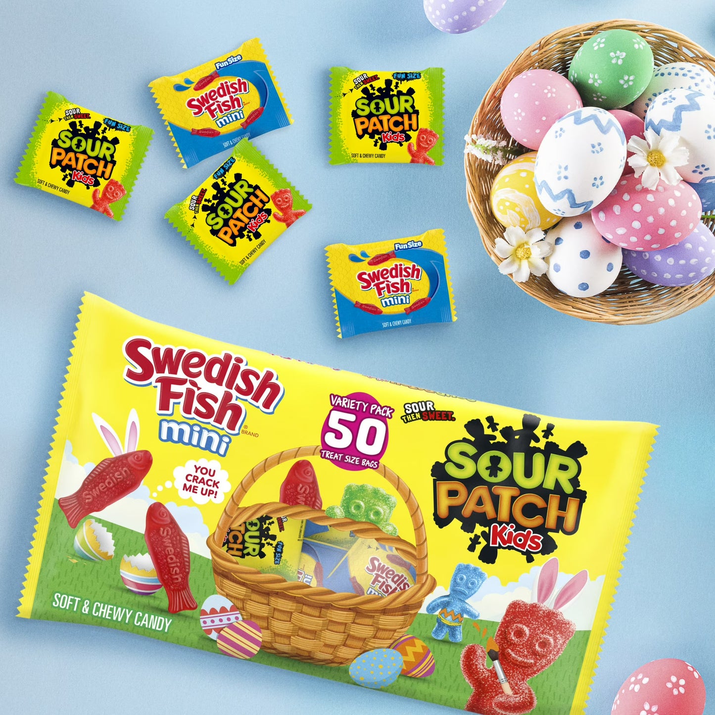 SOUR PATCH KIDS and SWEDISH FISH Mini Soft & Chewy Easter Candy Variety Pack, Bulk Candy, 50 Packs