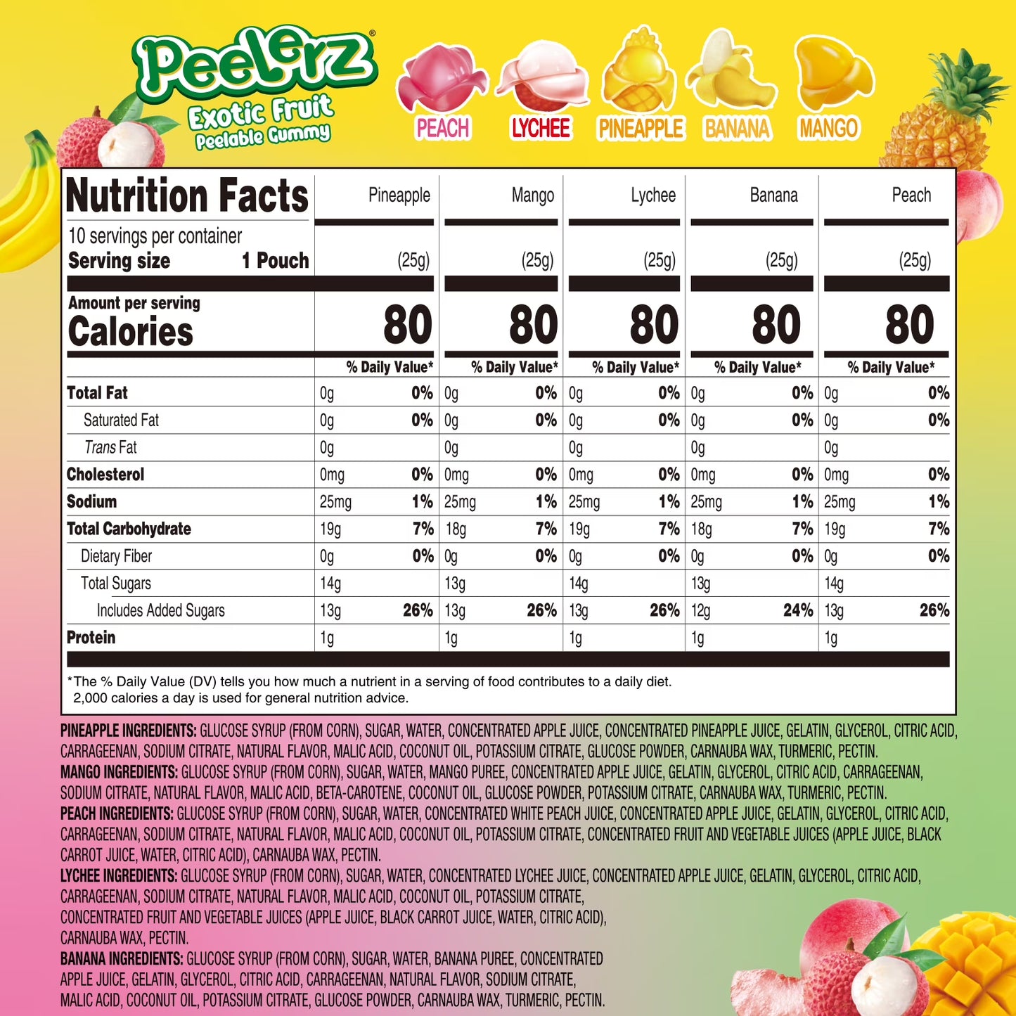 Amos Peelerz Exotic Fruit Gummy Candy, Variety Pack Candy Individually Wrapped Pack 8.47 oz