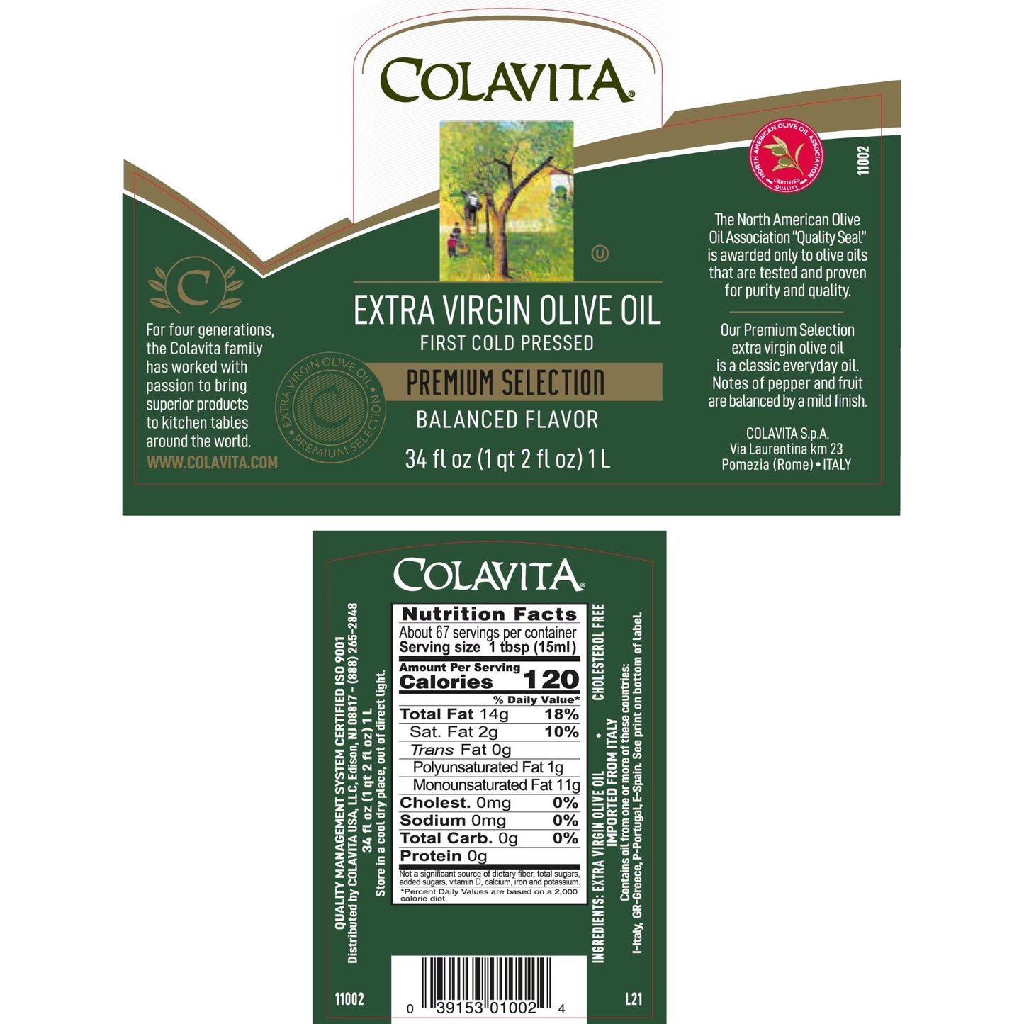 Colavita Premium Selection Extra Virgin Olive Oil, 34 Fluid Ounce