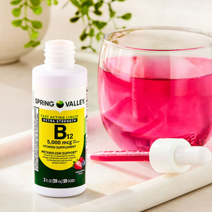 Spring Valley Extra Strength Vitamin B12 Supplement, 5000 mcg, Berry, 2 fl oz, Fast Acting Liquid for Metabolism Support