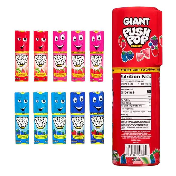 Giant Push Pop Container with Individually Wrapped Lollipop Variety Party Pack , 10 Lollipops Suckers in Assorted Fruity Flavors inside candy container, Fun Candy for Gifts