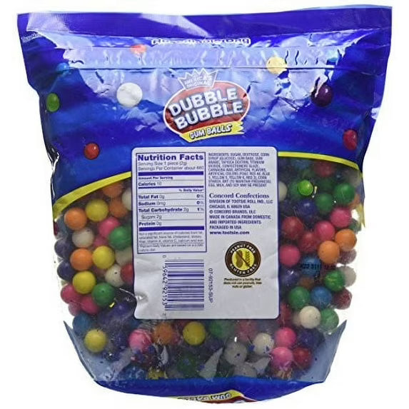 Dubble Bubble, Assorted Fruit Flavored Gum Balls, 53 oz. Peanut Free, Gluten Free. Milk and Soy May Be Present.