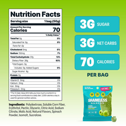 Shameless Snacks Green Apple Blast - Sour Candy & Fruit Snacks, Sour Apple Gummy Candy, Keto Snacks in Bulk, 3g Sugar Gluten Free Vegan for Kids & Adults