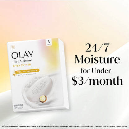 Olay Beauty Bar Soap, Ultra Moisture Shea Butter with Vitamin B3 and Moisturizers, 3.75 oz 8 Bars