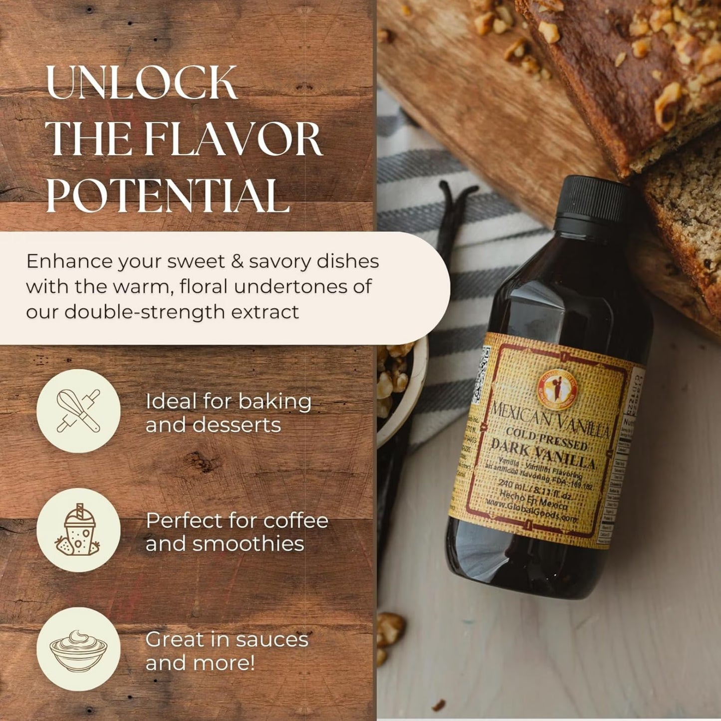 Pure Dark Mexican Vanilla Extract Gluten Free Vanilla for Baking Cakes, Cookies, Desserts, Coffee & Beverages Natural, Bold Flavour 33.81 fl oz bottle