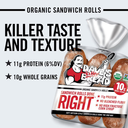 Dave's Killer, Bread Sandwich Rolls Done Right, Organic White Bread Sandwich Rolls, 6 Count