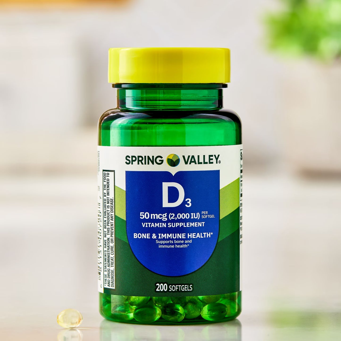 Spring Valley Vitamin D3 Softgels, 50 mcg (2,000 IU), 200 Count, Supplement for Bone and Immune Health