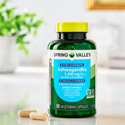 (3 pack) Spring Valley Extra Strength Ashwagandha Dietary Supplement, 1300 mg, 60 Vegetarian Capsules