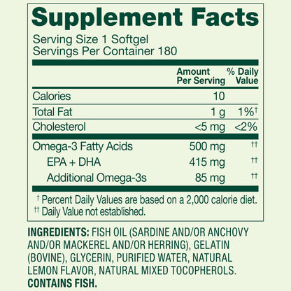 Spring Valley Daily Maintenance Omega-3 From Fish Oil Dietary Supplement Softgels for General & Heart Health, Lemon Flavor, 500 mg, 180 Count
