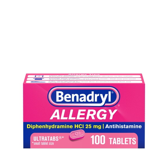 (3 pack) Benadryl Allergy Medicine for Adults, Ultratablets, 25 mg Diphenhydramine HCl, 100 Count Size
