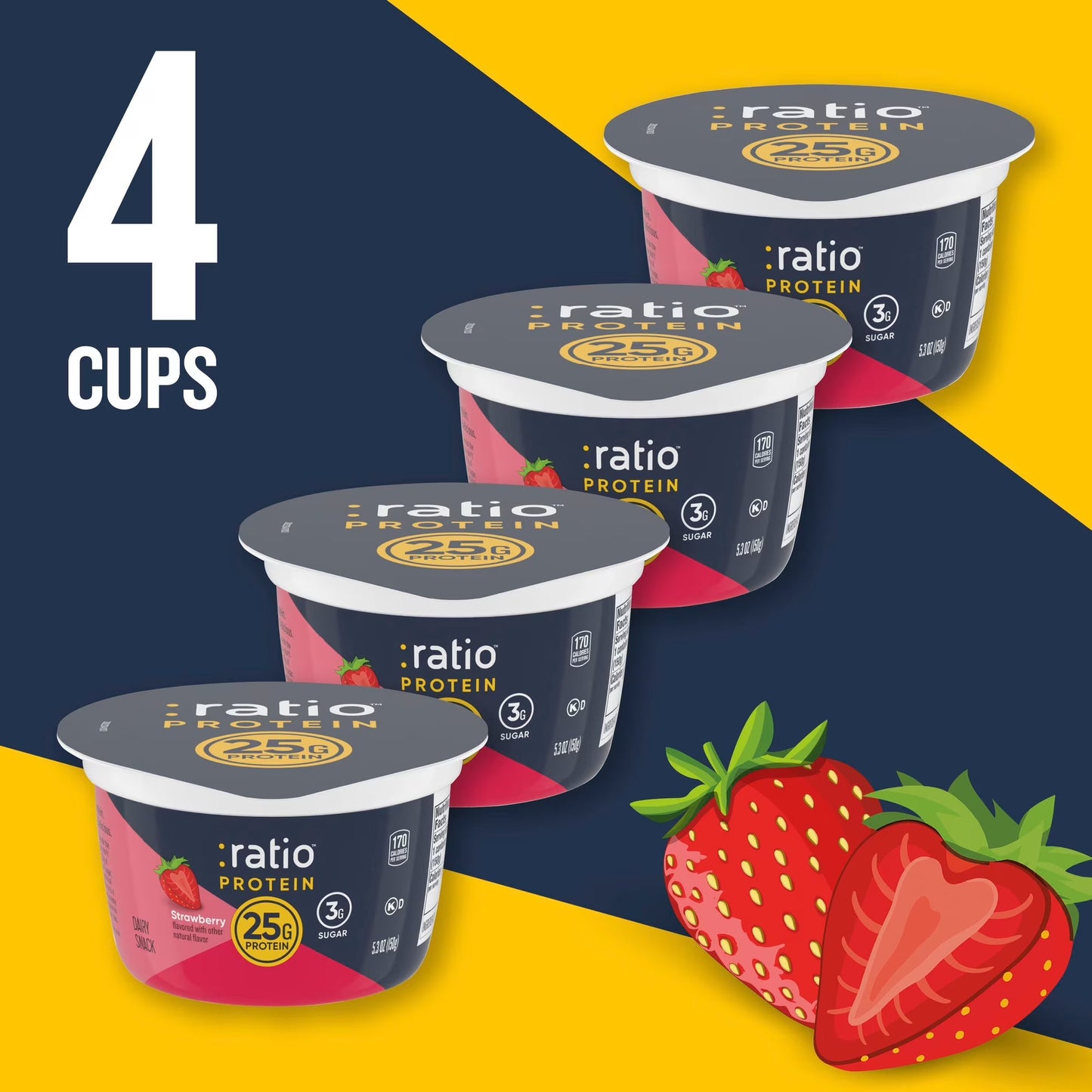 Ratio Yogurt Protein Cultured Dairy Snack, Strawberry, 25g Protein, 1 lb. 5.2 oz (4 Cups)