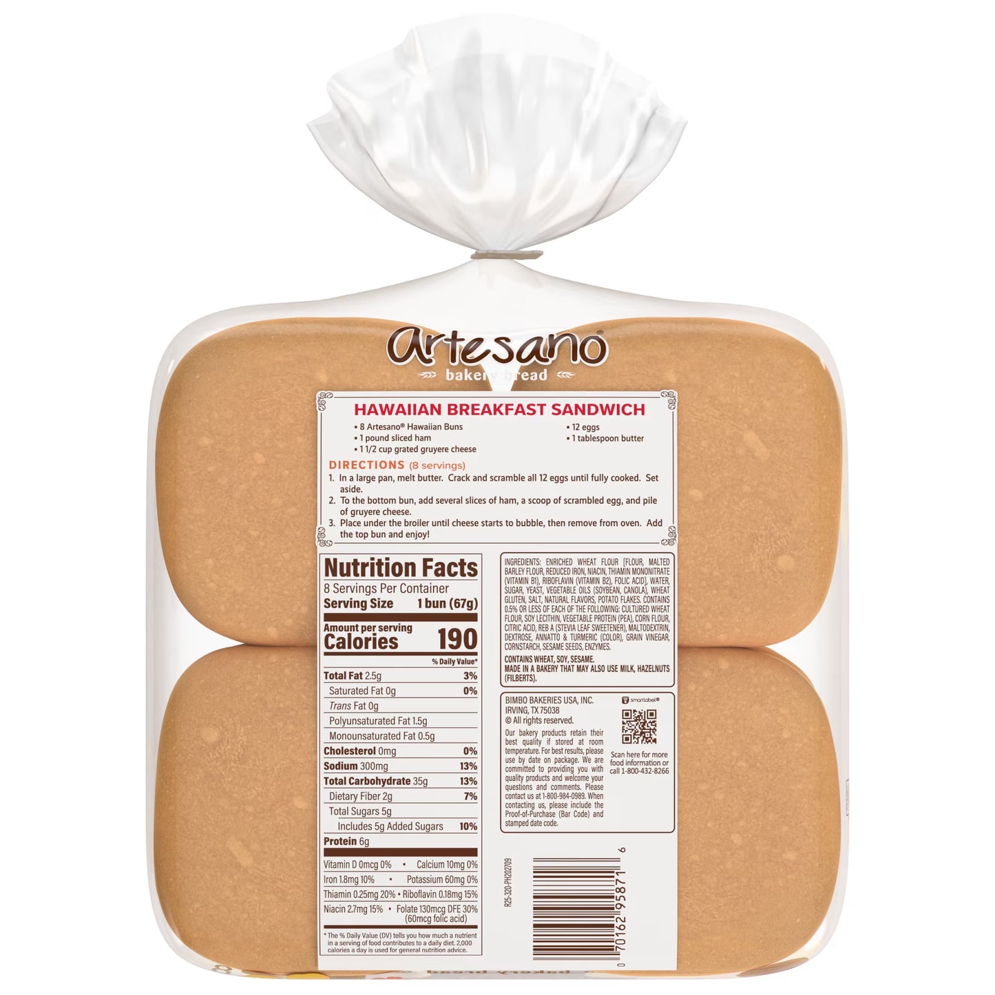 Artesano Hawaiian Bakery Buns, 8 count, Sweet Hamburger Buns, 19 oz Bag