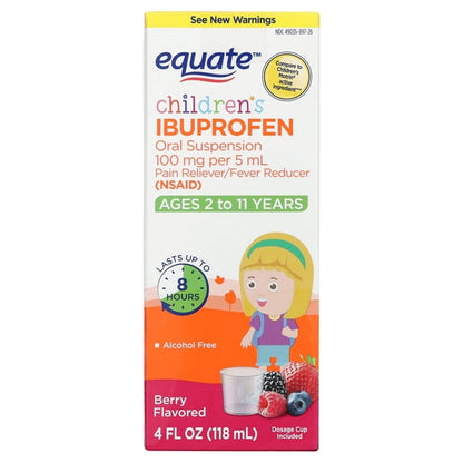 Equate Children's Pain Reliever/Fever Reducer Ibuprofen Oral Suspension, Berry Flavor, 100 mg, 4 fl oz