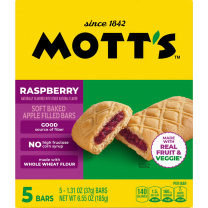 Mott's Soft Baked Apple Filled Bars, Raspberry Flavor Snacks, 5 Count, 6.55 oz