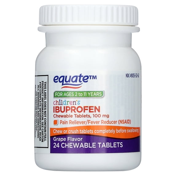 Equate Children's Pain Reliever/Fever Reducer Ibuprofen Chewable Tablets, Grape Flavor, 100 mg, 24 Count