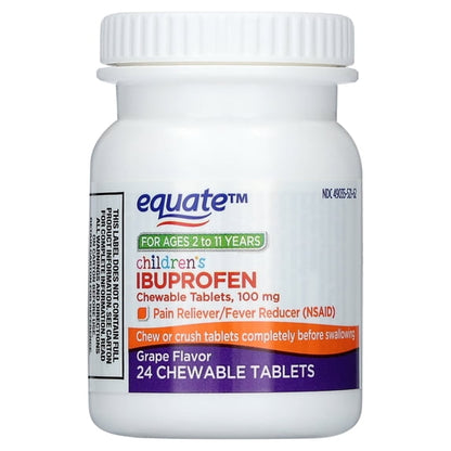 Equate Children's Pain Reliever/Fever Reducer Ibuprofen Chewable Tablets, Grape Flavor, 100 mg, 24 Count