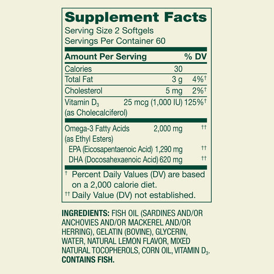 Spring Valley Maximum Care Omega-3 from Fish Oil Dietary Supplement Softgels for Eye Brain Bone & Heart Health, 2000 mg, 120 Count