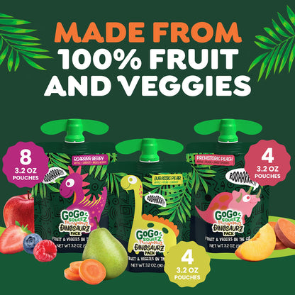 GoGo squeeZ FruitZ & VeggieZ Dino Pear Peach Carrot Applesauce Pouches, 3.2 oz (16 Pack)
