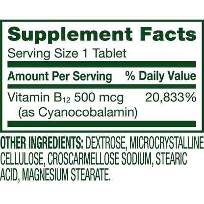 Spring Valley Vitamin B12 Supplement, 500 mcg, 100 Count, Tablets for Metabolism Support