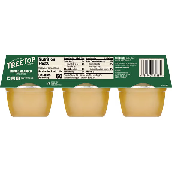 Tree Top No Sugar Added Apple Sauce Cups, 4 Oz, 6 Count