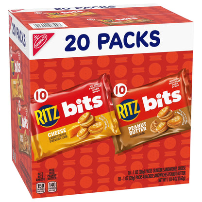 RITZ Bits Cheese and Peanut Butter Sandwich Crackers Variety Pack, Lunch Snacks, 20 Snack Packs