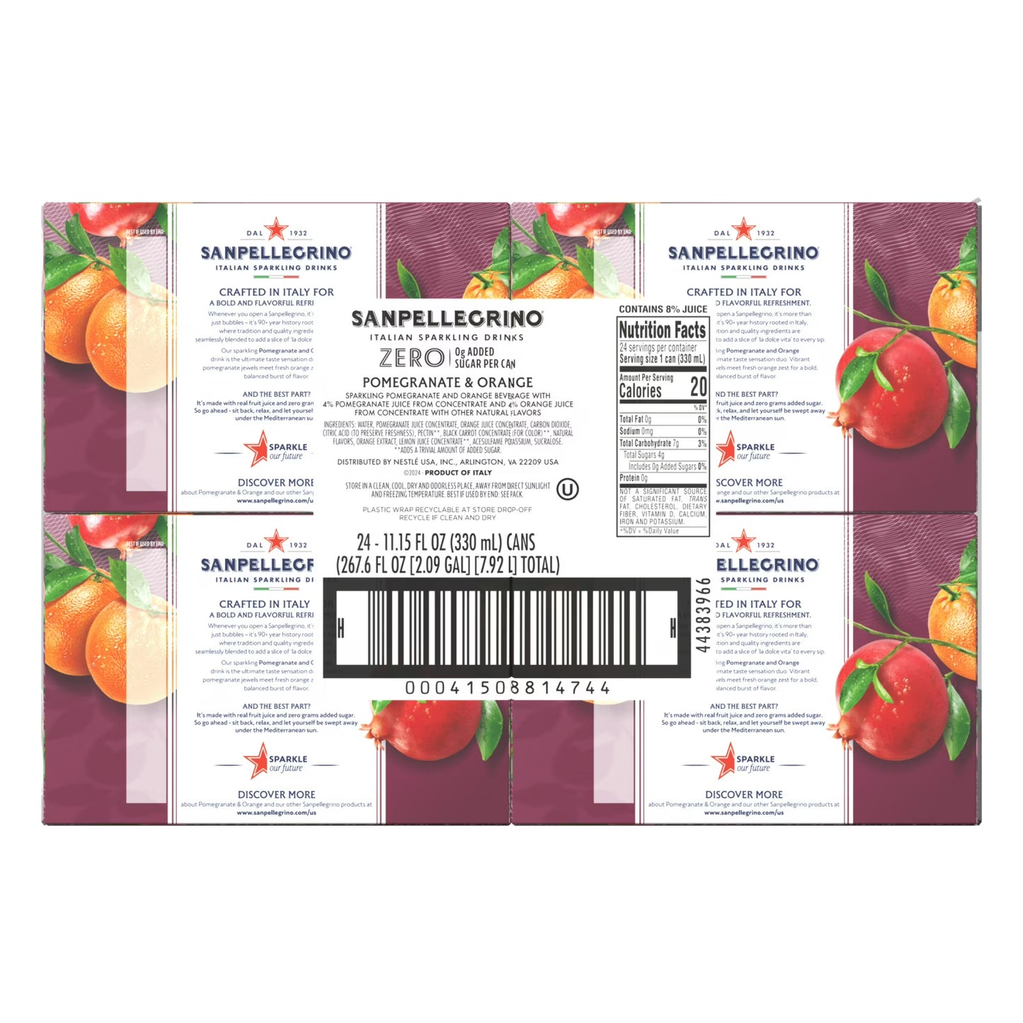SanPellegrino Soda Italiana Sparkling Orange and Pomegranate, Low Calorie Zero Added Sugar, 24 Pack Cans