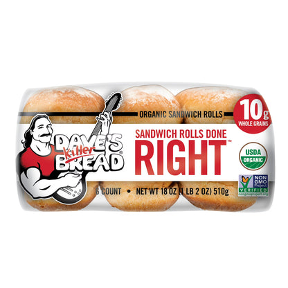 Dave's Killer, Bread Sandwich Rolls Done Right, Organic White Bread Sandwich Rolls, 6 Count