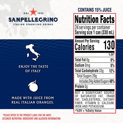 Sanpellegrino Italian Sparkling Drink Aranciata Rossa, Sparkling Orange and Blood Orange Beverage, 24 Pack of Cans