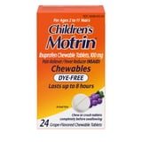 (3 pack) Children's Motrin Dye-Free Ibuprofen Chewable Tablets, Grape, 24 Ct