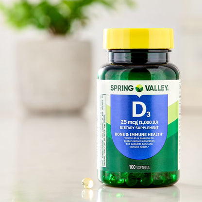 Spring Valley Vitamin D3 Softgels, 25 mcg (1000 IU), 100 Count, Supplement for Bone and Immune Health