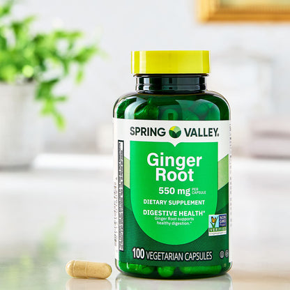 Spring Valley Ginger Root Dietary Supplement Capsules for Digestive Health, 550 mg, 100 Count