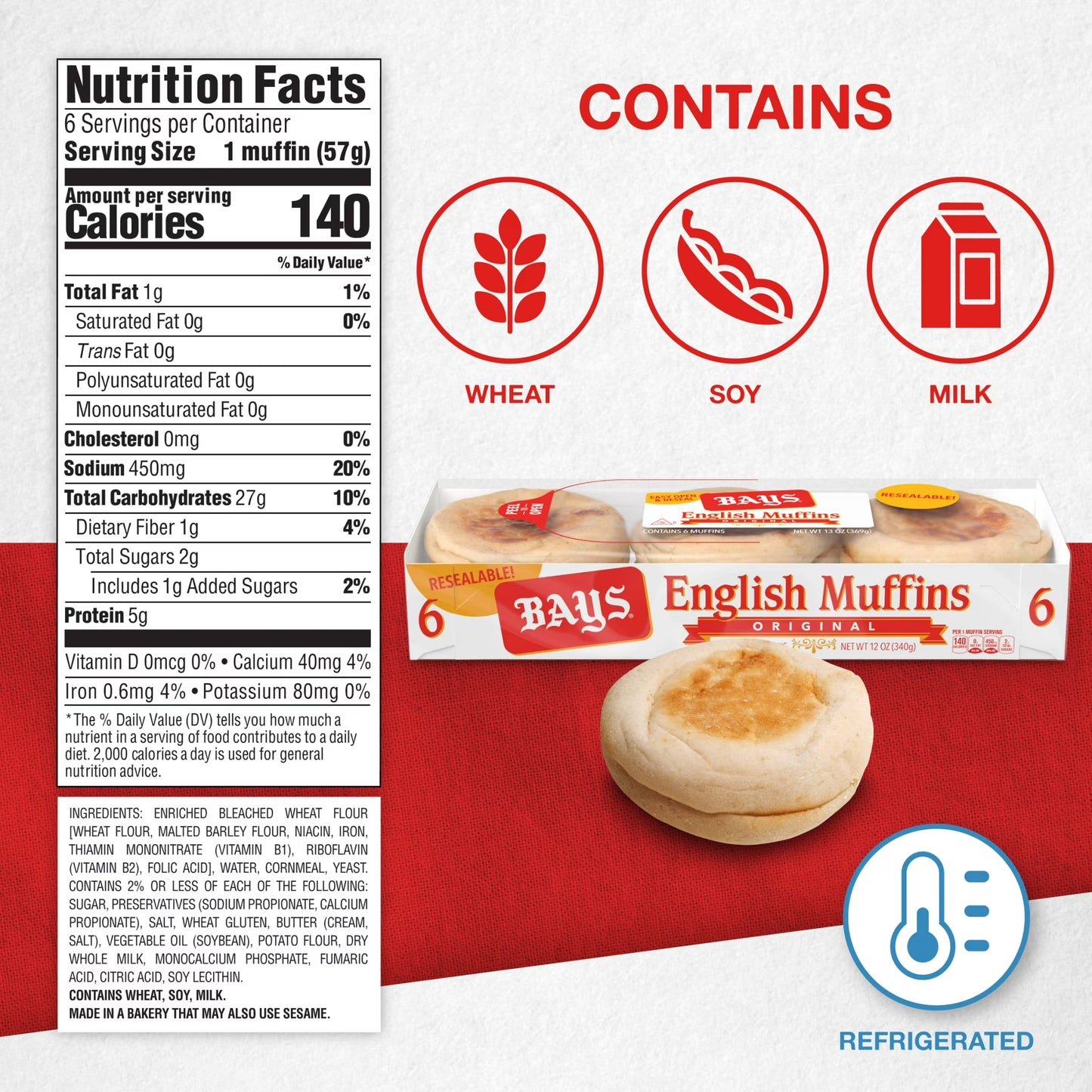 Bays Original English Muffins, 6 count, Kosher Plain Pre-sliced English Muffins, 12 oz Tray