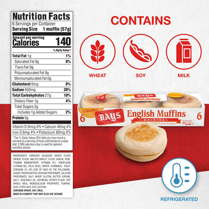Bays Original English Muffins, 6 count, Kosher Plain Pre-sliced English Muffins, 12 oz Tray