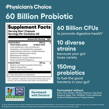 Physician’s Choice 60 Billion Probiotic, for Women & Men, 60 Count, Digestive & Gut Health