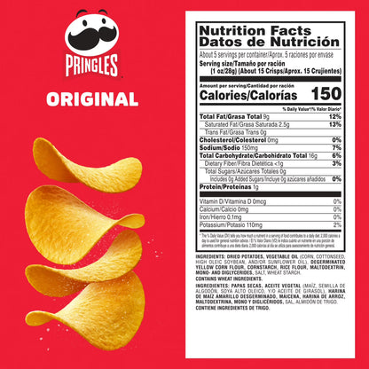 Pringles Original Potato Crisps Chips, Lunch Snacks, 5.2 oz Canister