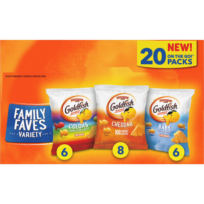 Goldfish Family Faves Crackers, Cheddar, Colors and Baby Crackers Snack Pack, 0.9 oz, 20-Count Variety Pack Box