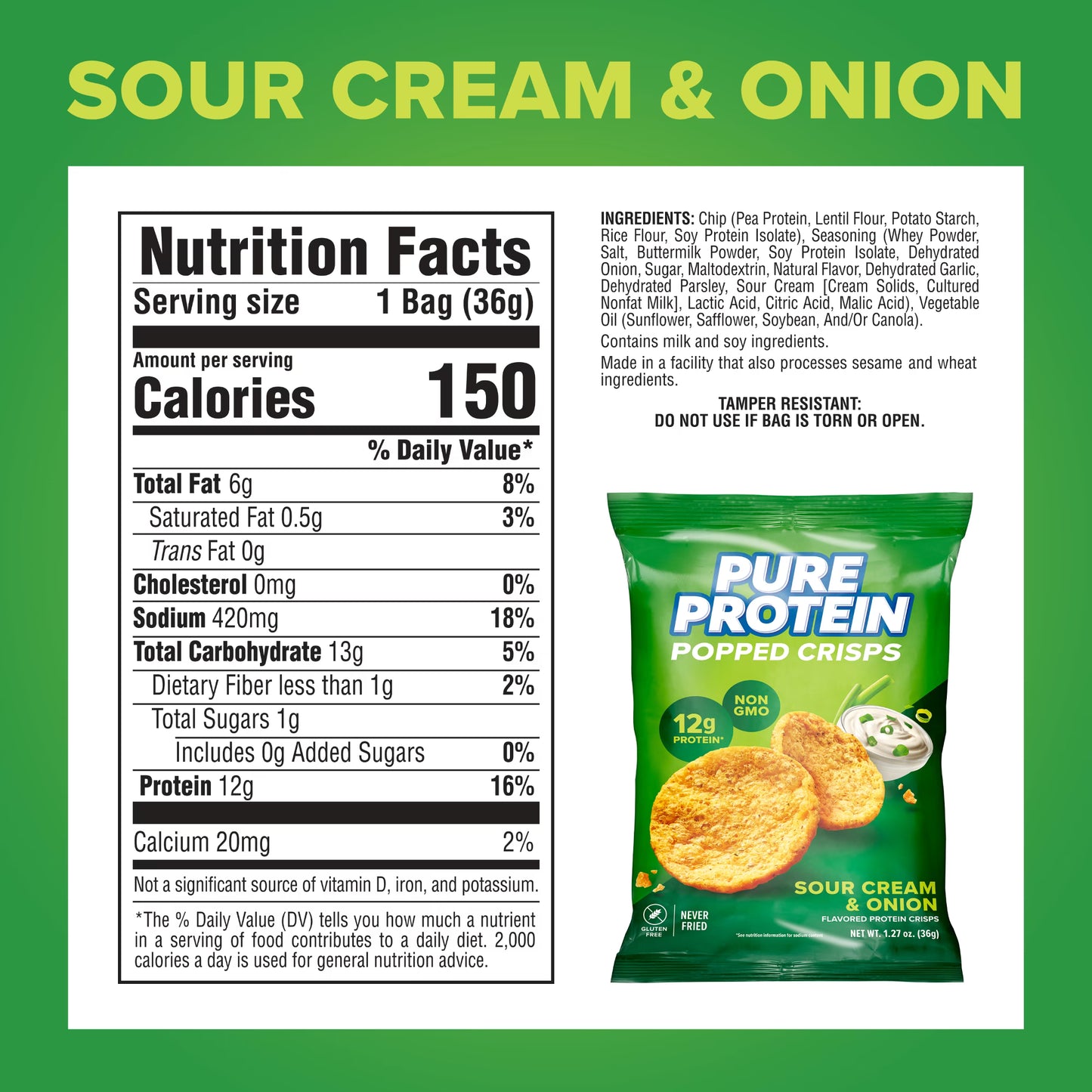Pure Protein, Popped Crisps, Sour Cream and Onion Chips, 12g Protein, 1.27 oz